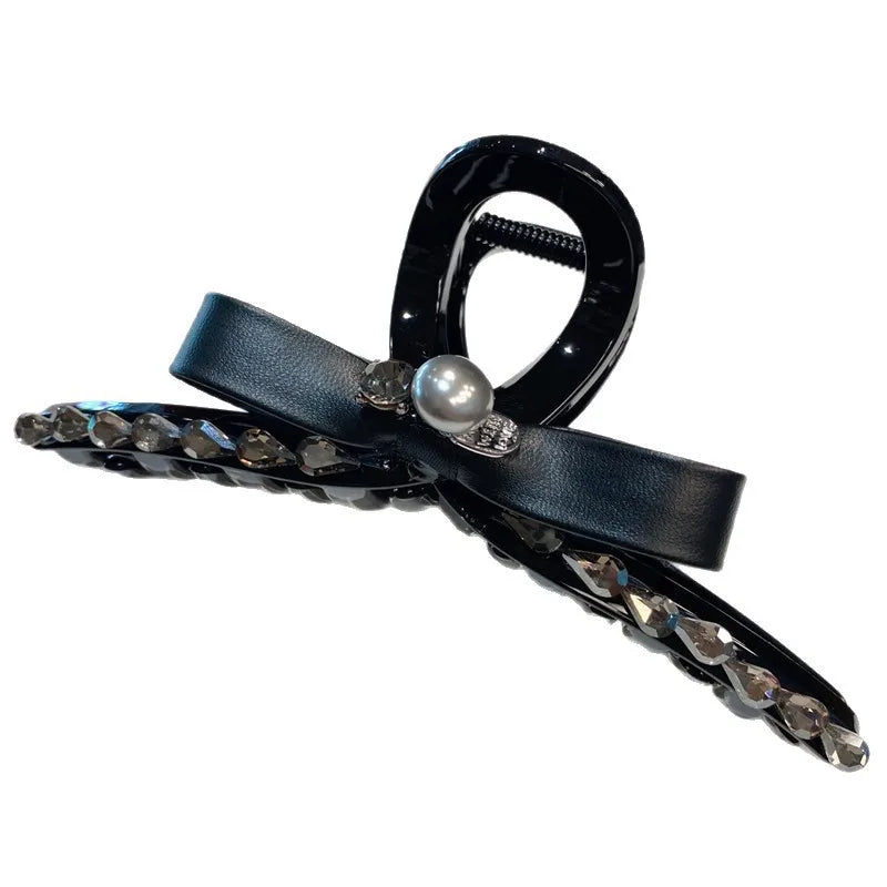 Large Size Pearl Rhinestone Leather Butterfly Knot Hair Clip Women Sweet Shark Clamp Back Of Head Updo Hair Accessory