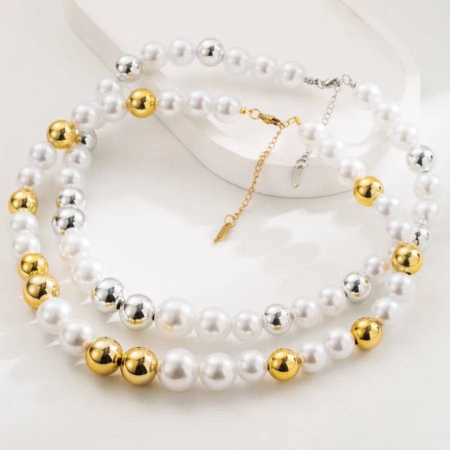 Simple Style Classic Style Geometric 14K Gold Plated Pearl Titanium Steel Beaded Chain Beaded Necklaces Wholesale
