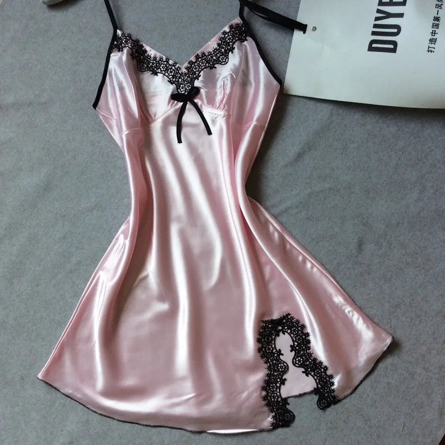 Summer silk-like Ladies sling nightgown sexy V-neck spinning satin pajamas home clothes wholesale agent