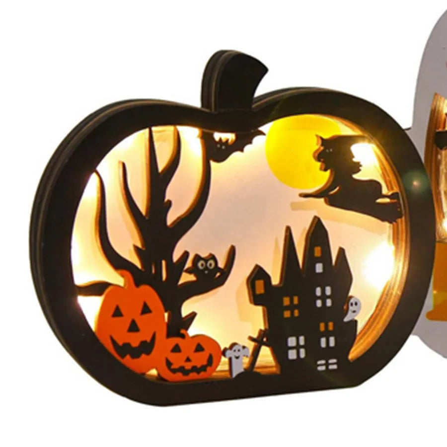 Wooden Glowing Pumpkin Lanterns Halloween Decorations Tabletop Accessories Party Centerpiece Simple Style Yellow Pine Wood