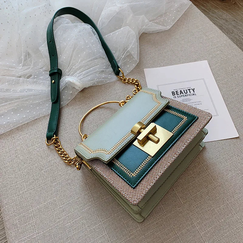 women's small pu leather color block fashion square lock clasp handbag