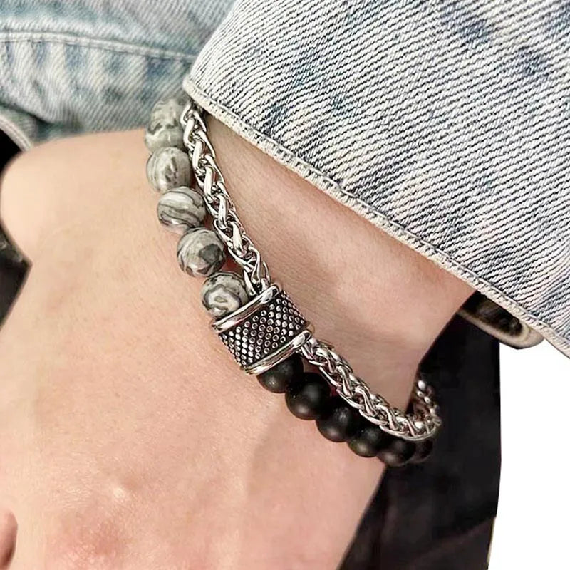 casual simple style round stainless steel stone beaded chain men's bracelets