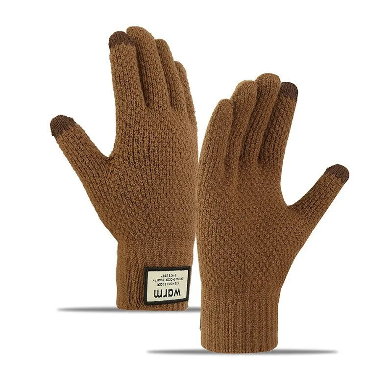 Knitted wool gloves non-slip five-finger plus velvet finger touch screen gloves for men and women autumn and winter Korean version of thick warm cycling gloves