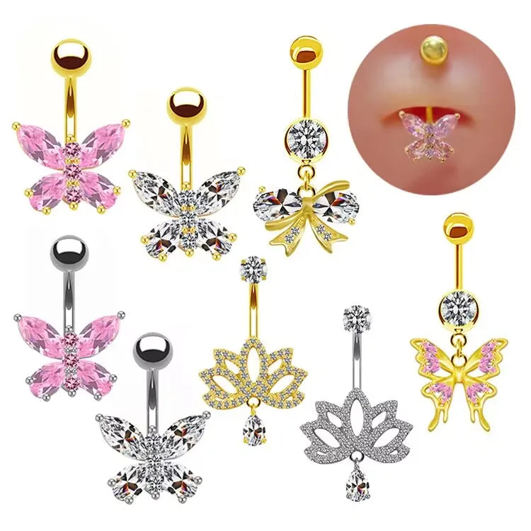 shiny peacock butterfly bow knot stainless steel copper plating inlay crystal rhinestones zircon white gold plated gold plated belly ring