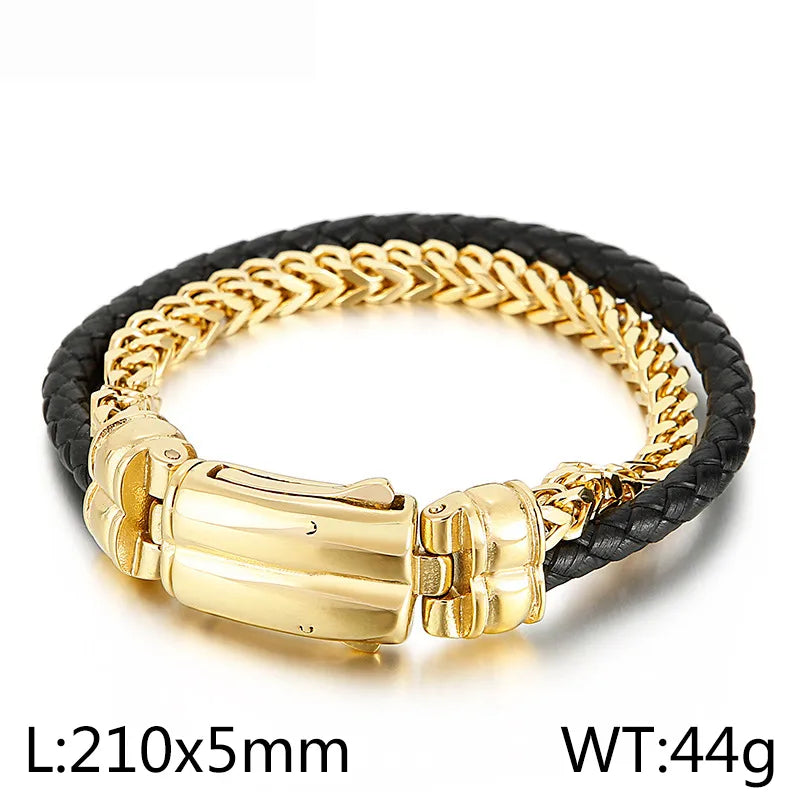 punk geometric pu leather titanium steel men's bangle