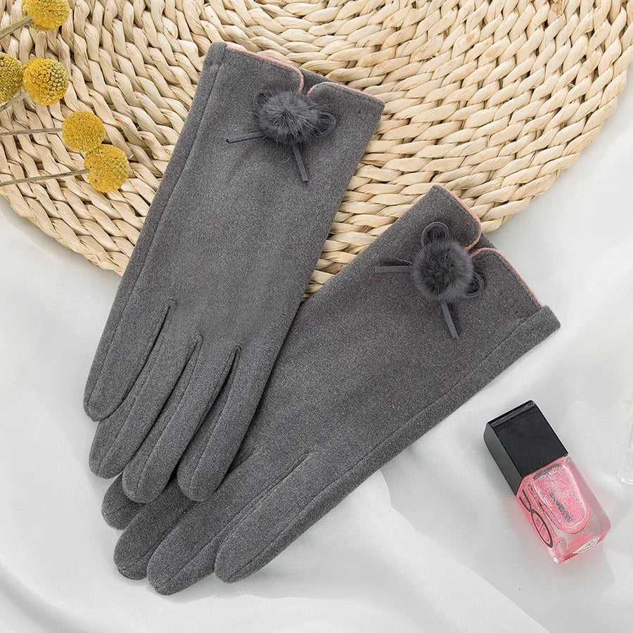 Fashionable Warm Ladies' Velvet Touchscreen Gloves Cute Ball Driving Outdoor Cycling Cold Proof Winter Hand Warmers