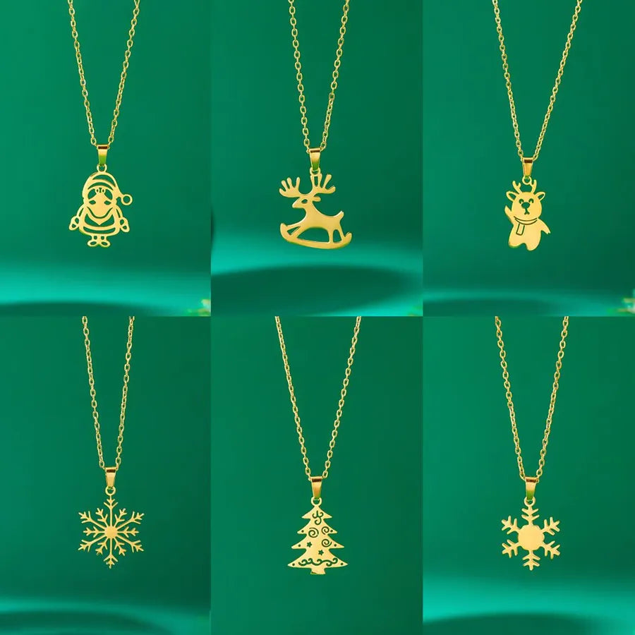 Christmas Deer Santa Claus Stainless Steel Necklace Women's Versatile Cartoon Character Design Paved Snowflake Pattern Jewelry Accessory