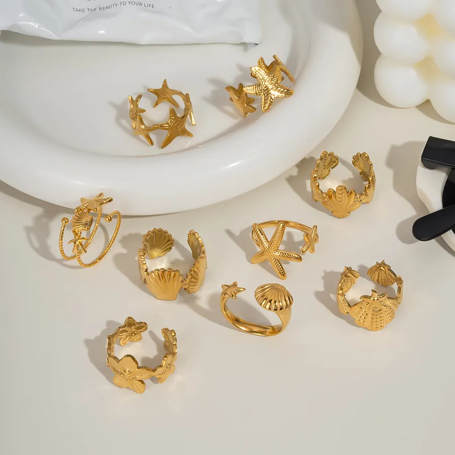 Wholesale Jewelry Elegant Hawaiian Beach Starfish Shell 304 Stainless Steel 18K Gold Plated Polishing Plating Open Rings