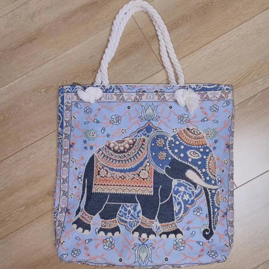 Women's Large Canvas Animal Cartoon Vacation Ethnic Style Bucket Zipper Tote Bag