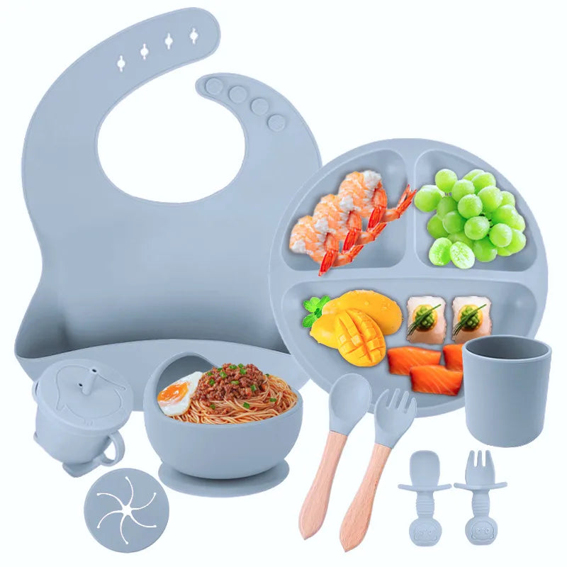 Baby silicone tableware suit baby learning to eat food supplement tableware self-eating sucker bowl integrated children's plate