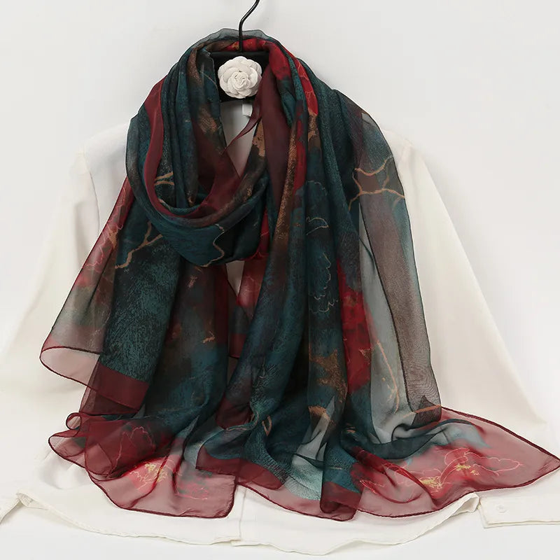 women's elegant lady color block high quality yarn printing silk scarf