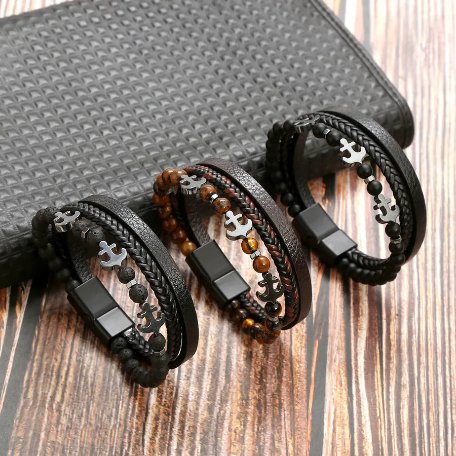 Casual Simple Style Anchor Pu Leather Beaded Men's Bangle