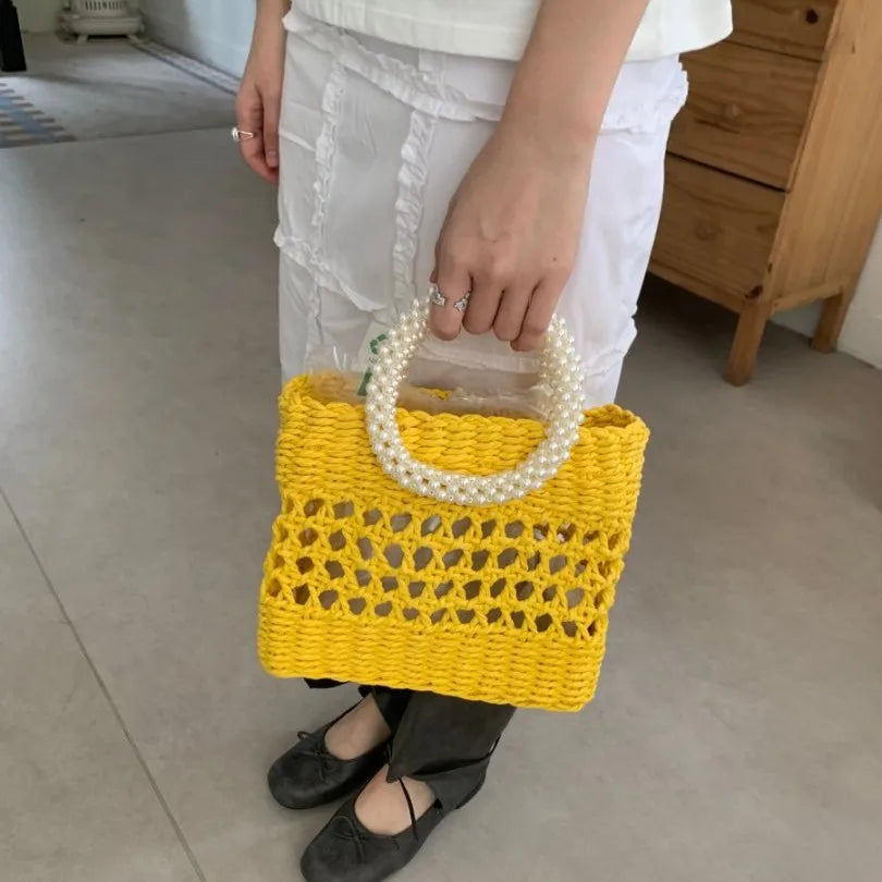 Chopped Straw Women's Woven Bag Hollow Portable Women's Bag Spring and Summer Niche Woven Bag New Fabric Straw Woven Bag Woven Bag Foreign Trade Hot Sale
