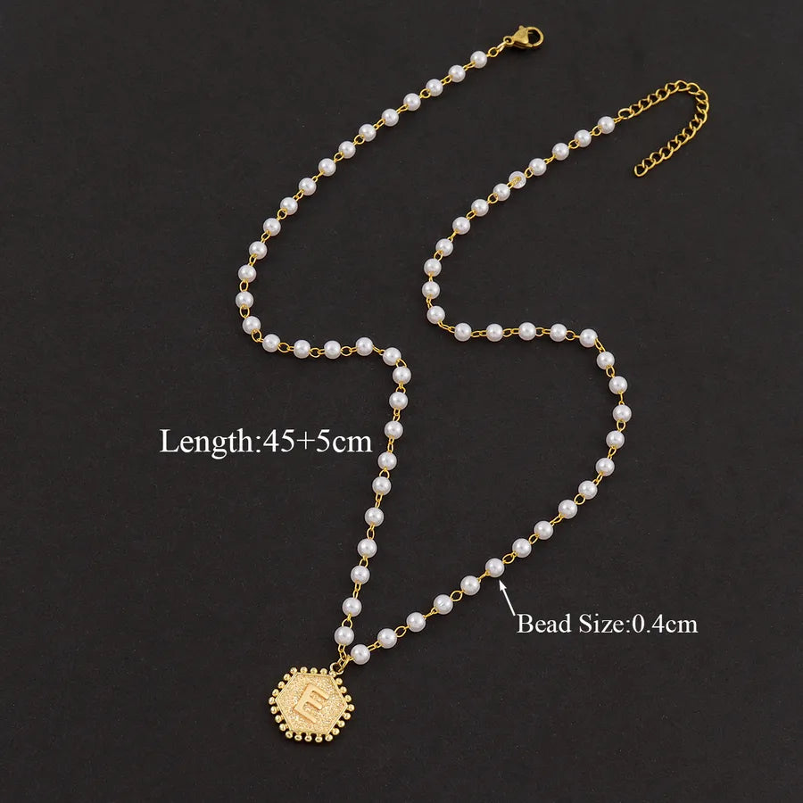 Elegant Simple Style Classic Style Hexagon Letter 304 Stainless Steel Imitation Pearl Beaded Necklaces Wholesale