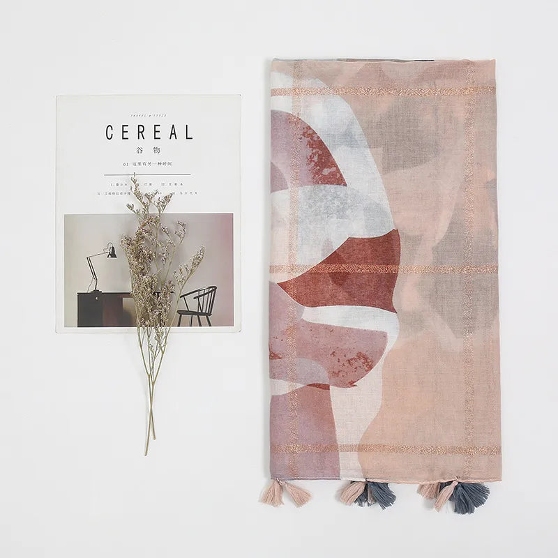 women's fashion color block cotton tassel cotton linen scarves