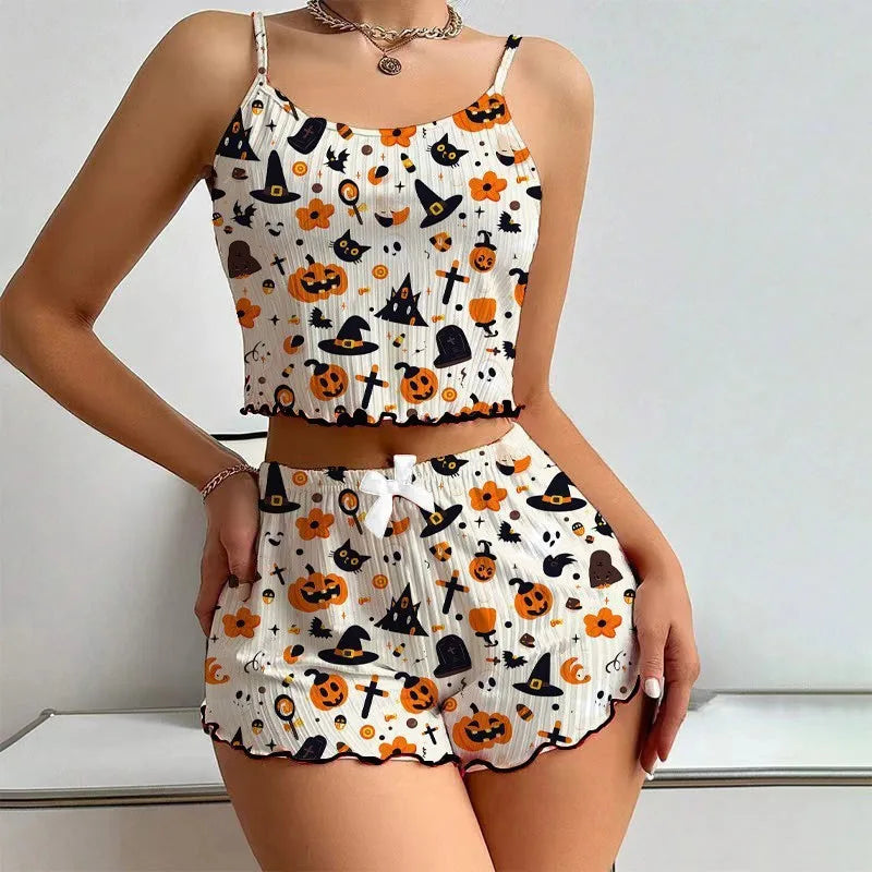 Halloween  Printed Sleeveless Sling Top Women's Suit Spice Girls Short Sexy Sling Sling Shorts for Hair