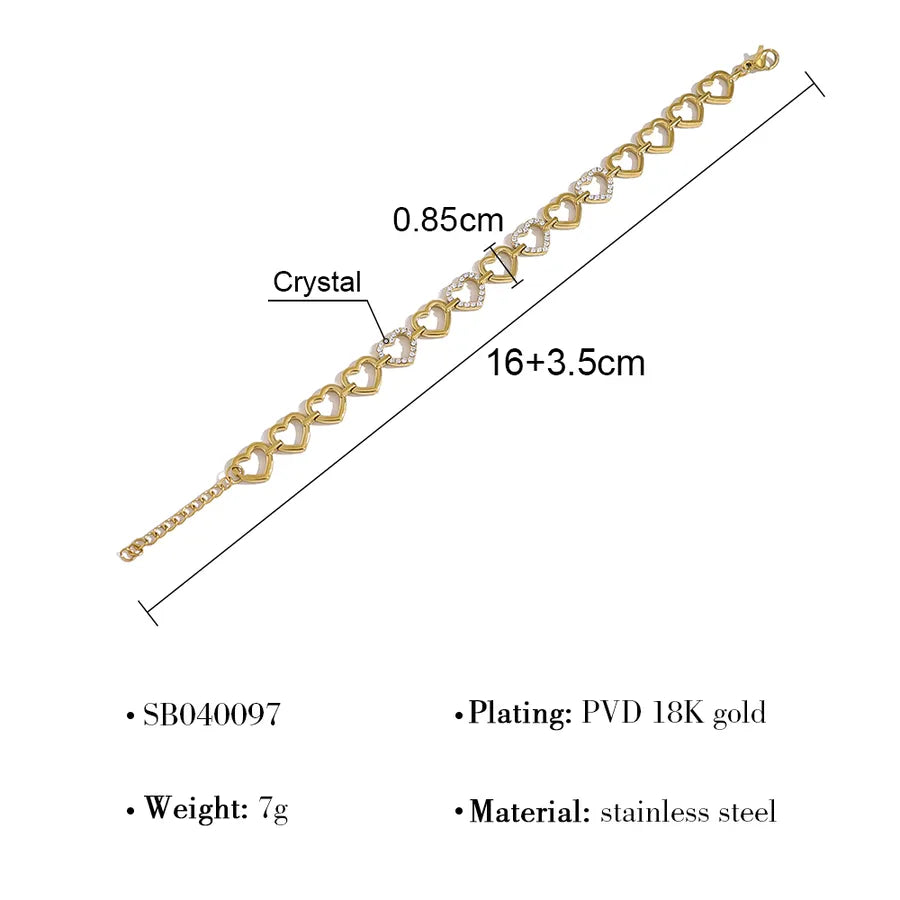 Simple Style Classic Style Commute Heart Shape 304 Stainless Steel 18K Gold Plated Zircon cable chain Bracelets In Bulk