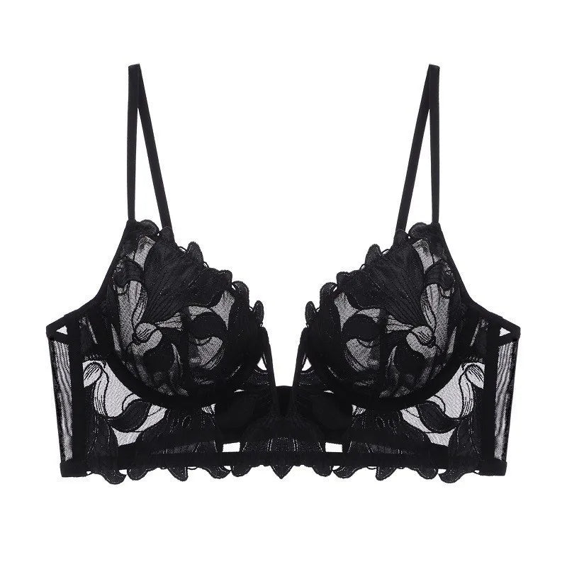 Sexy Deep V Embroidered Lace Underwear Women's Ultra-thin Large Chest Shown Small Gather-up Bra Suit Bra