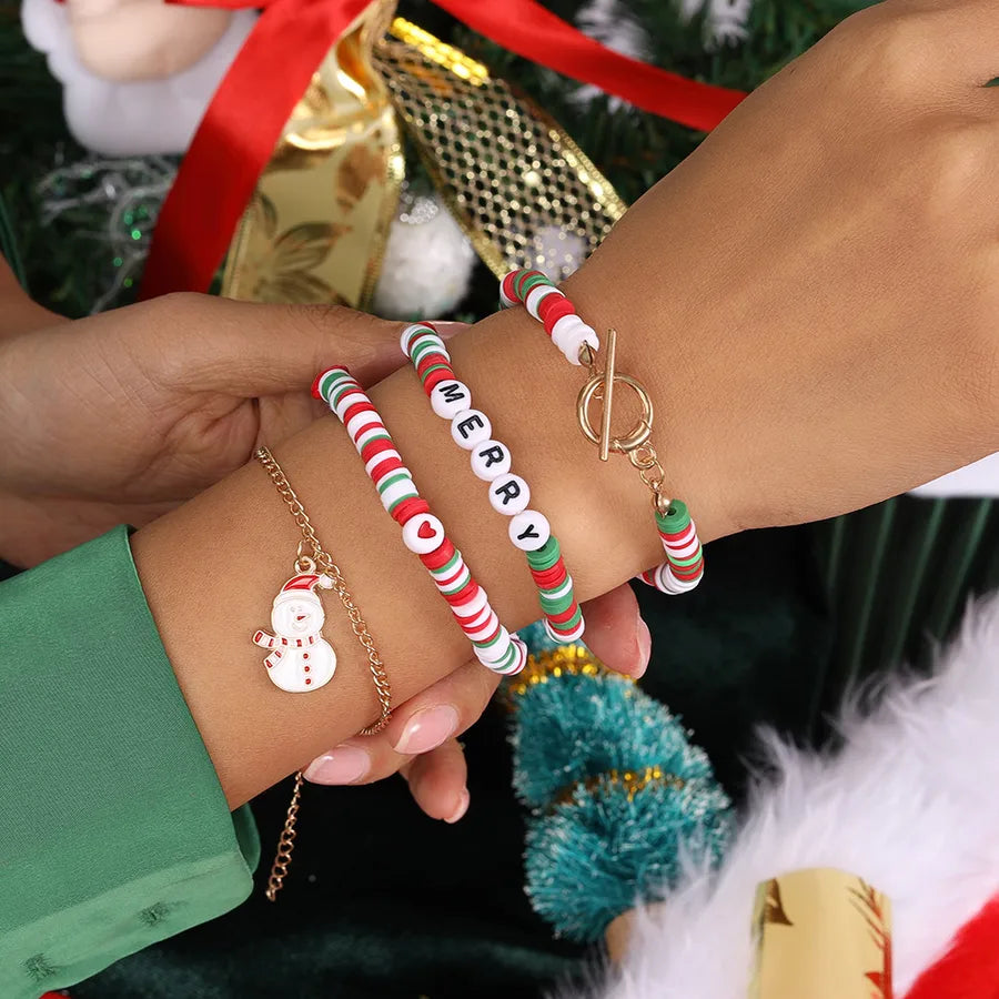Christmas Deer Santa Claus Letter Bell Bracelet Set Soft Ceramics Cartoon Character Zinc Alloy Unisex