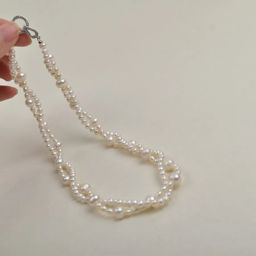 Natural Freshwater Pearl Twist Necklace Double Layer with 925 Silver Clasp Simple Elegance Egg Round Pearl Jewelry Accessory