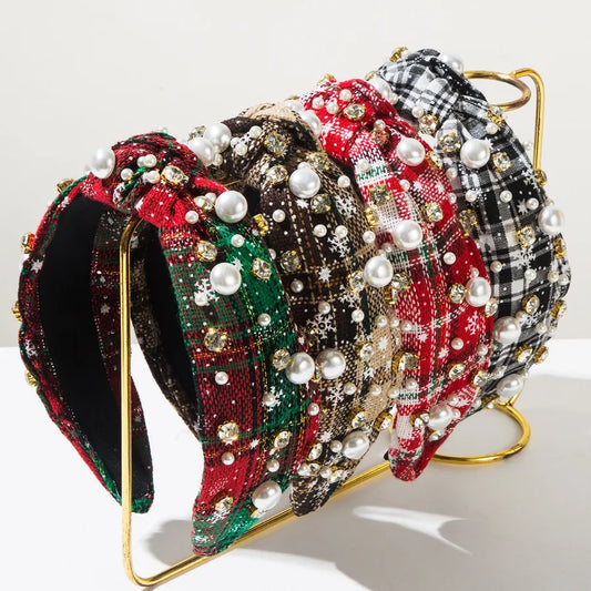 Creative Christmas Series Headband Color Block Plaid Fabric Knot Wide Edge Pearl Embedded Fashionable Women's Hair Accessories