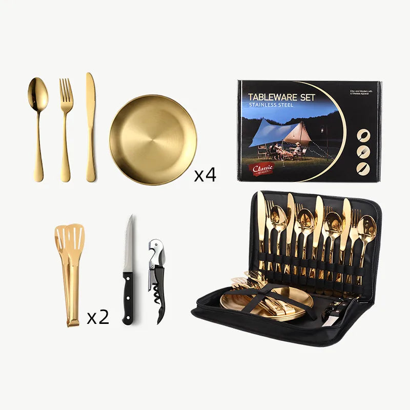 Outdoor travel stainless steel tableware camping picnic barbecue plate clip steak knife, fork and spoon suit portable storage bag