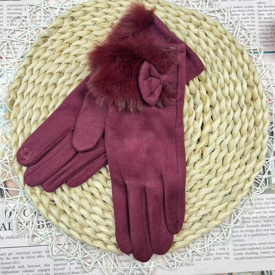 Women's Winter Touchscreen Gloves Rabbit Fur Lined Warm Suede Cycling Gloves Stylish Basic European Simple Design