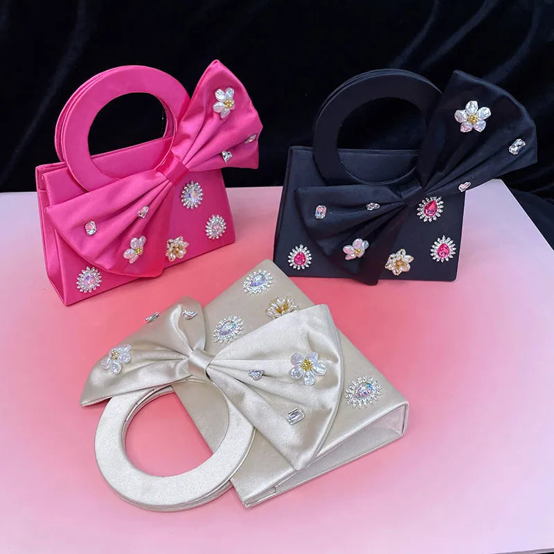 Women's Small Silk Flower Bow Knot Streetwear Square Magnetic Buckle Shoulder Bag Handbag