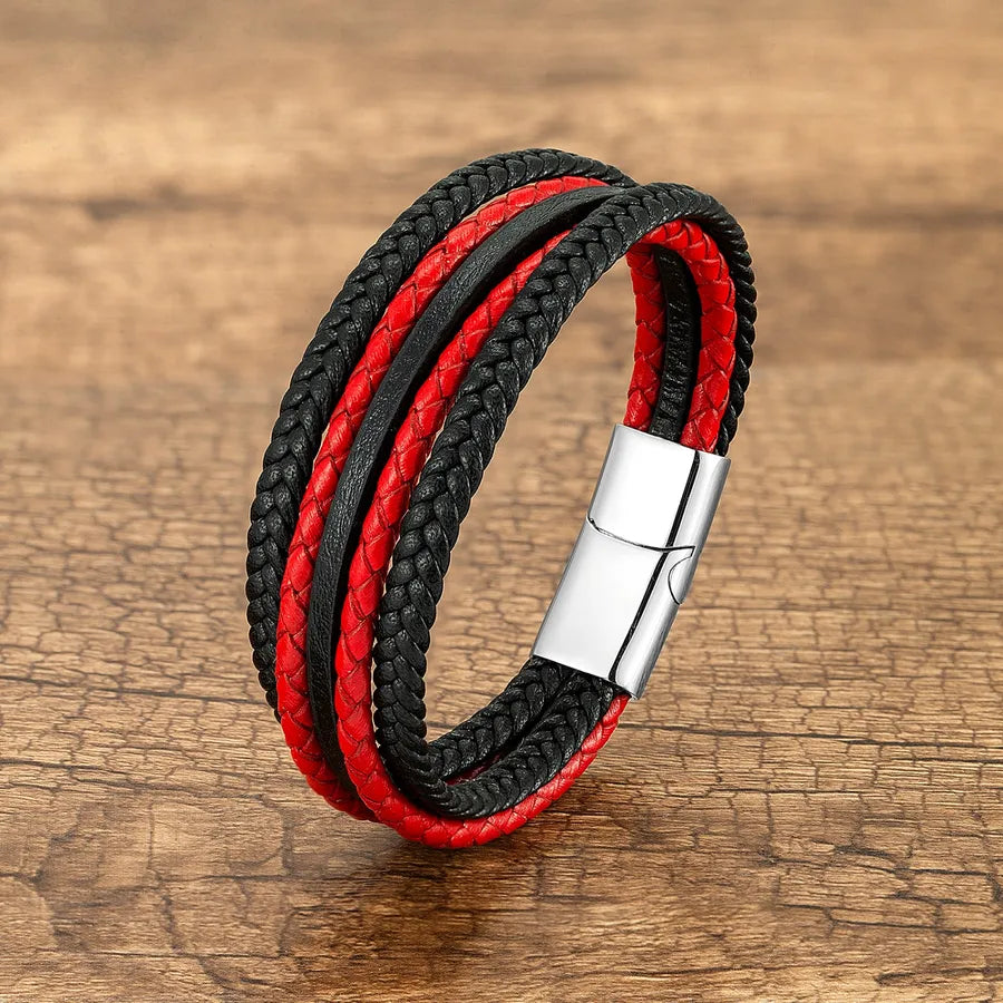 Vintage Style Punk Geometric 316 Stainless Steel  Pu Leather Layered Handmade Metal Button Men's wristband