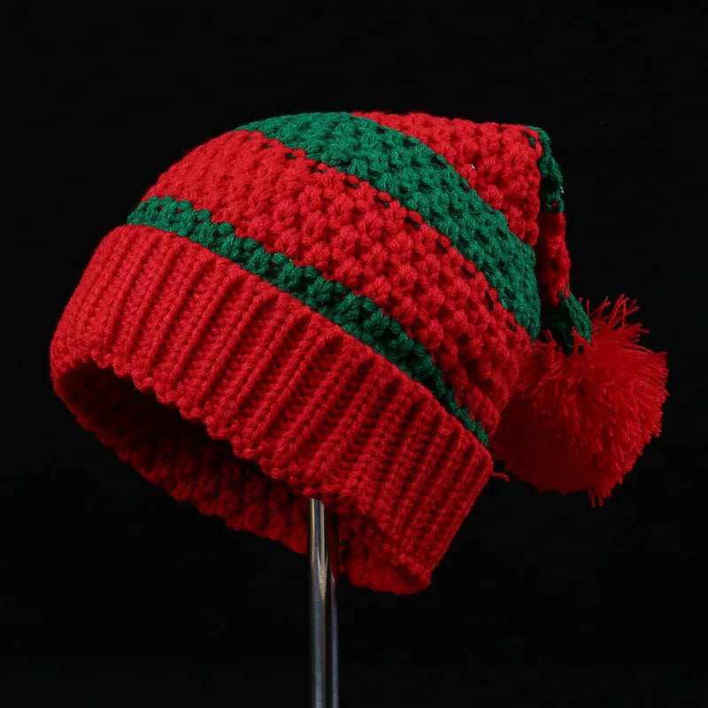Red Christmas Festival Knitted Wool Hat Autumn and Winter Fur Ball Striped Parent-Child Warm Christmas Gift Knitted Hat