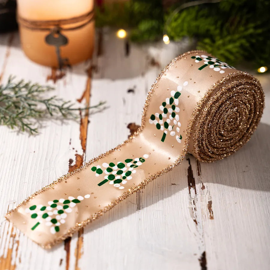 HaoBei New Print Onion Powder Small Tree Woven Belt Christmas Satin Ribbon Christmas Tree Flower Ring Decoration Silk Ribbon Arrangement Colorful Belt