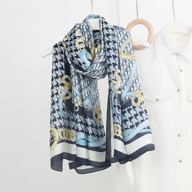 women's fashion letter plaid satin printing silk scarves