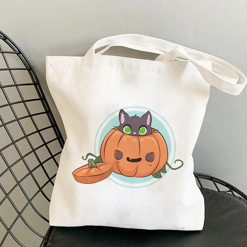 Halloween Women's Medium Canvas Pumpkin Cat Cute Square Open Underarm Bag