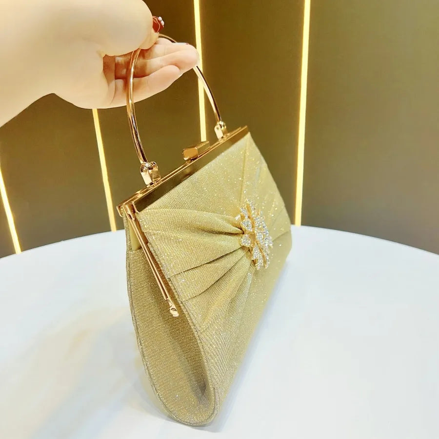 Elegant Dinner Party Handbag Shoulder Bag Polyester Square Shape Mobile Phone Wallet Folded Design Chain Diamond Embellished