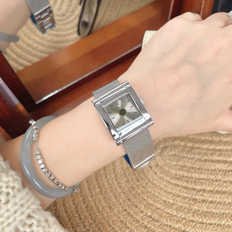 Fashionable Leopard Print Gold Tone Quartz Watch For Women Stylish Milisha Square Face Stainless Steel Band Trendy Accessory