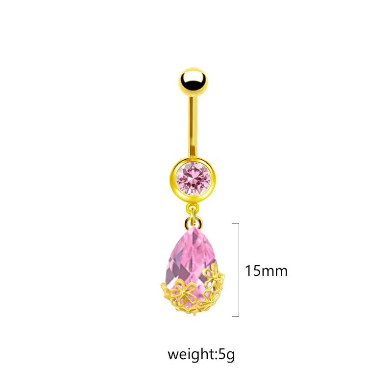 1 Piece Belly Rings Sweet Pastoral Water Droplets Rose Flower Stainless Steel Alloy Inlay Acrylic Rhinestones Glass White Gold Plated Gold Plated