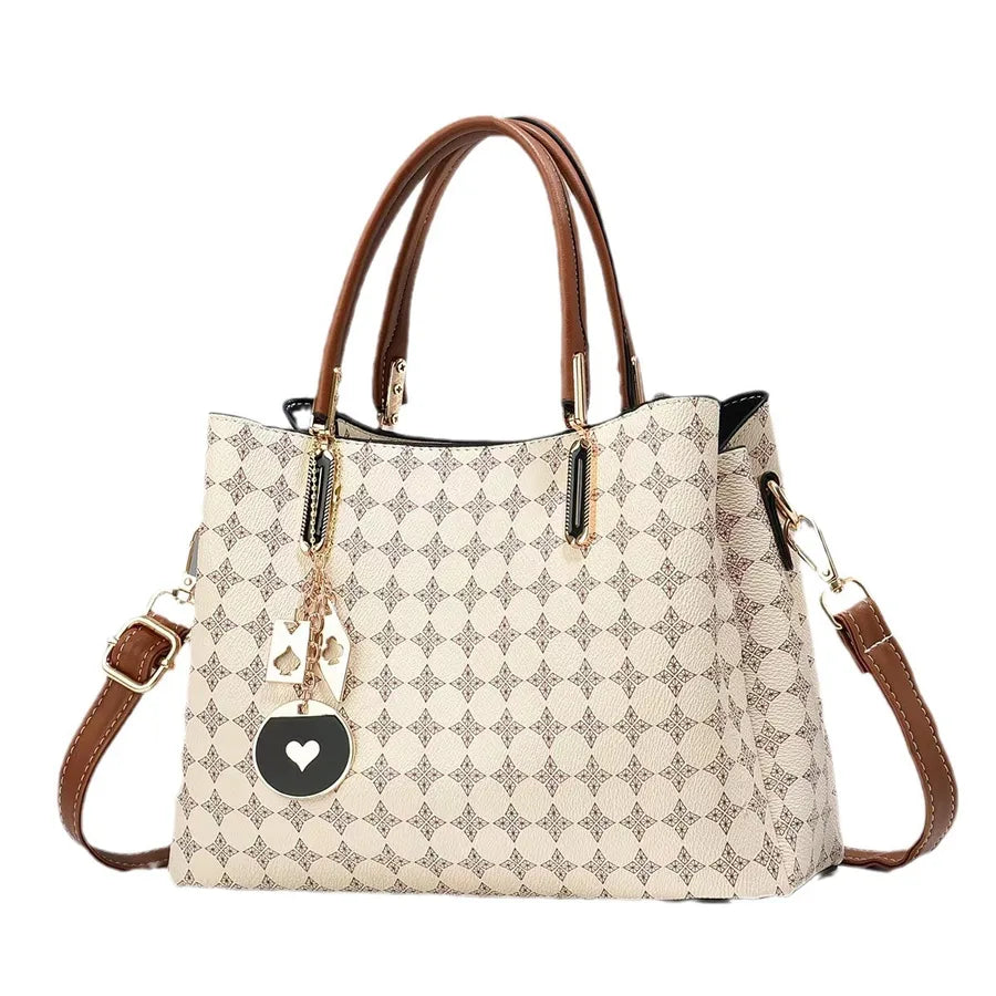 Women's Pu Leather Monogram Classic Style Sewing Thread Bucket Zipper Handbag