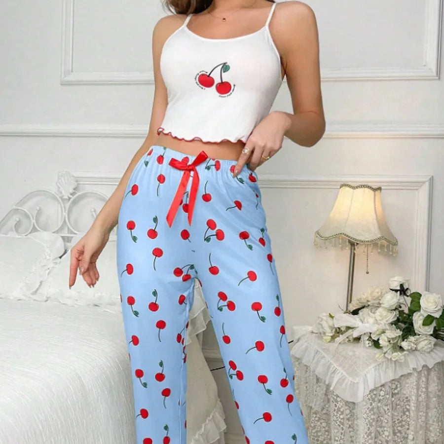 designed Hot-Selling Milk Silk Sexy Pajamas Simple Casual Printed Camisole Elastic Long Pants Loungewear Set