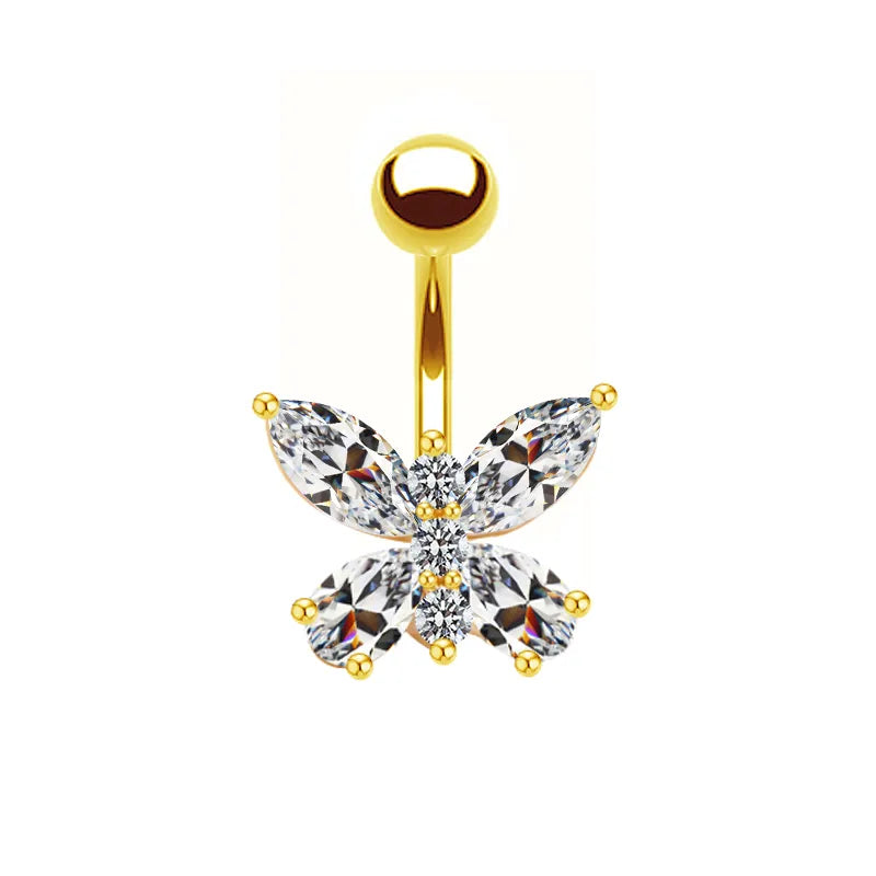 shiny peacock butterfly bow knot stainless steel copper plating inlay crystal rhinestones zircon white gold plated gold plated belly ring