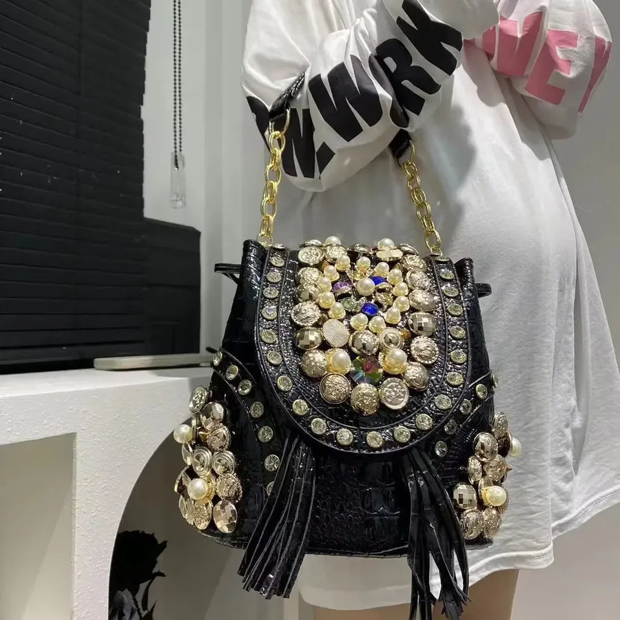 Personality Women's Bag Multi-use Bag  New Style Small Barrel Bag Handmade Beaded Rhinestone Fashionable Shoulder Crossbody Bag