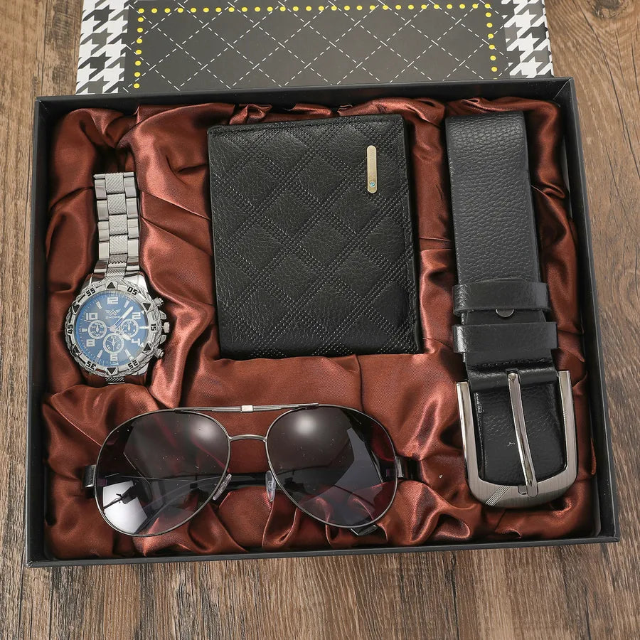 Solid Color Buckle Quartz Men's Watches Gift Set
