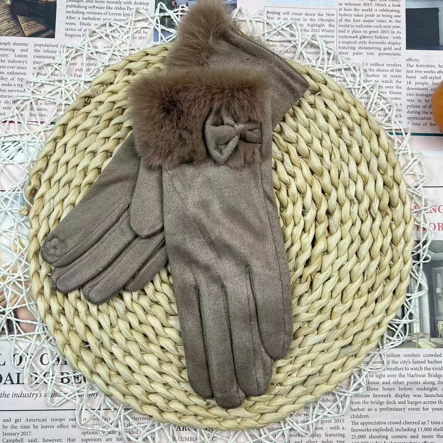 Women's Winter Touchscreen Gloves Rabbit Fur Lined Warm Suede Cycling Gloves Stylish Basic European Simple Design