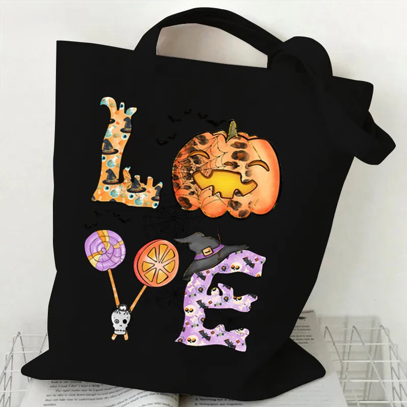 Halloween Cartoon Pumpkin Decorative Canvas Bag Student Handbag Shopping Commuter Bag Large Square Fashion Tote Bag