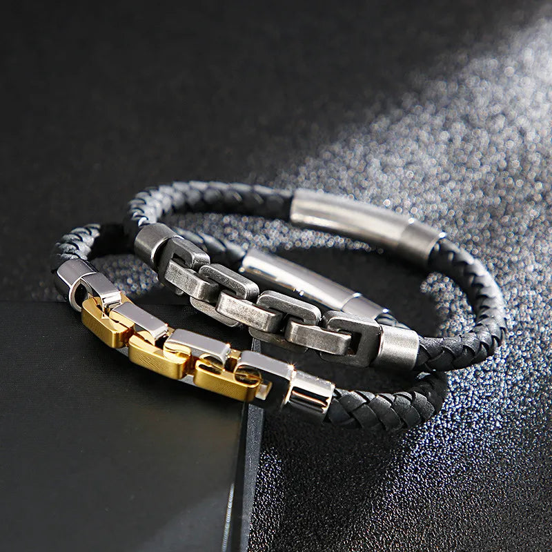 Hip-Hop Retro Color Block Pu Leather Titanium Steel Plating Chain 18K Gold Plated Men's Bangle