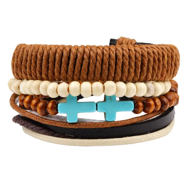 casual letter feather wings pu leather alloy beaded patchwork men's bracelets