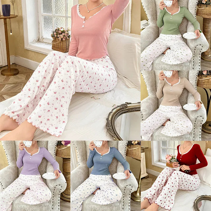 Ladies Lace Trim Round Neck Long Sleeve Sleepwear Set Home Clothes Crown Pattern Thickened Polyester Knitted Fabric All Seasons
