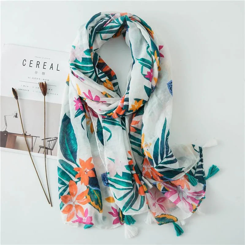 cotton and linen scarf warm rose red tone tropical plant color tassel wholesale trend