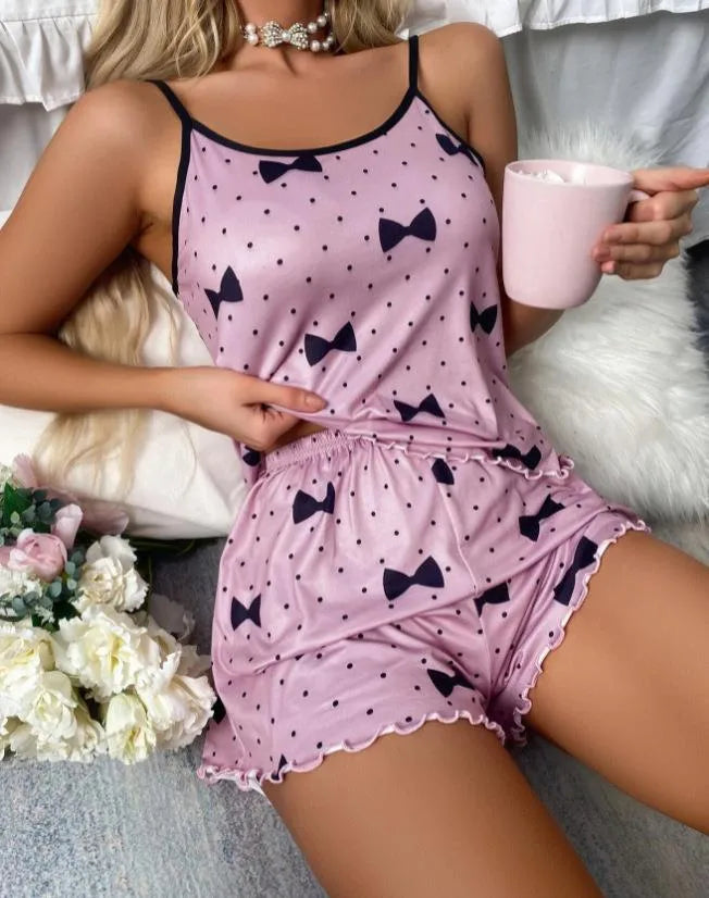 Summer  Casual Sexy Small Sling Love Printed Shorts Two-piece Home Clothes for Women