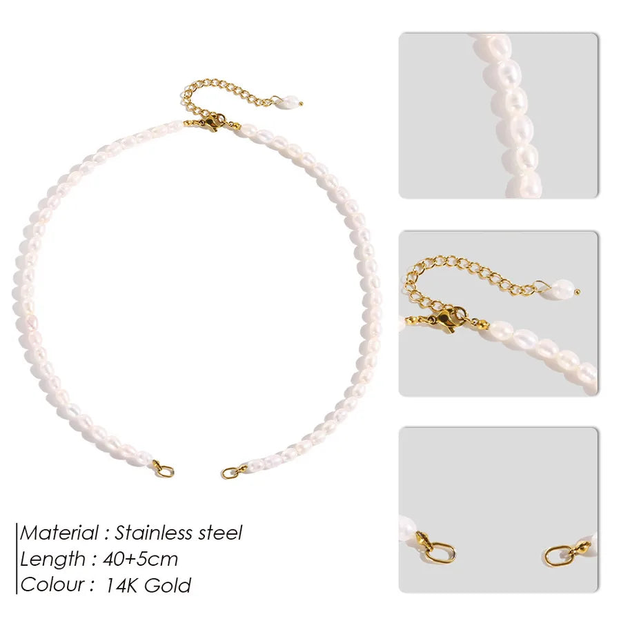 316 Stainless Steel  Freshwater Pearl Beaded Chain Geometric Necklace