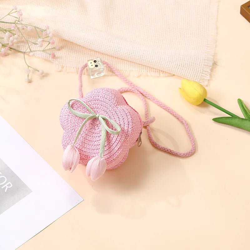 Summer Beach Seaside Tulip Straw Woven Bag  New Children Flower Straw Bag Mobile Phone Crossbody Bag